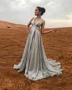 Luxurious A Line V Neck Sliver Long Prom/Evening Party Dress with Beading   cg15484