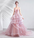 PINK V NECK TULLE LONG BALL GOWN DRESS FORMAL DRESS   cg15624