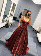 Burgundy satin long prom dress simple evening dress   cg15674