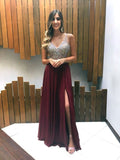 A-line V Neck Long Prom Dress With Split   cg15693
