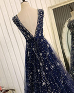 Shiny Navy Blue Tulle Long Formal Dress, Blue Prom Dress Evening Gown   cg15881