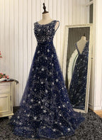 Shiny Navy Blue Tulle Long Formal Dress, Blue Prom Dress Evening Gown   cg15881
