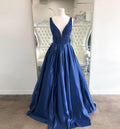 BLUE SATIN LONG PROM DRESS WITH BEADS EVENING DRESS   cg15887