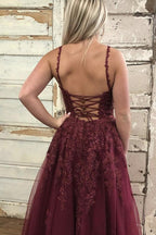 Burgundy V Neck Backless Lace Long Prom Dress,   cg16015