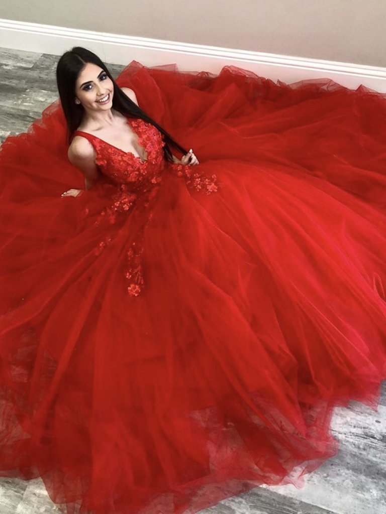 V Neck Long Red Lace Floral Prom Dresses, Red Lace Formal Dresses, Red Floral Evening Dresses   cg16069
