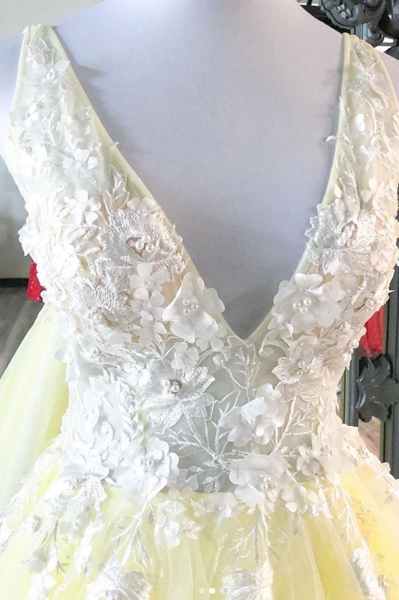 Yellow v neck tulle lace long prom dress yellow formal dress    cg16283