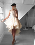 Champagne A line lace high low prom dress     cg16301