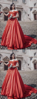 Elegant red wedding dresses ball gown lace beaded off the shoulder for bride Prom Dress   cg16361