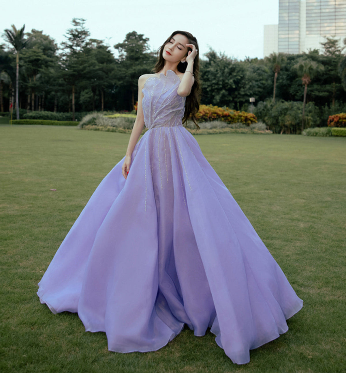 UNIQUE TULLE LONG LILAC PROM DRESS A LINE EVENING DRESS    cg16370
