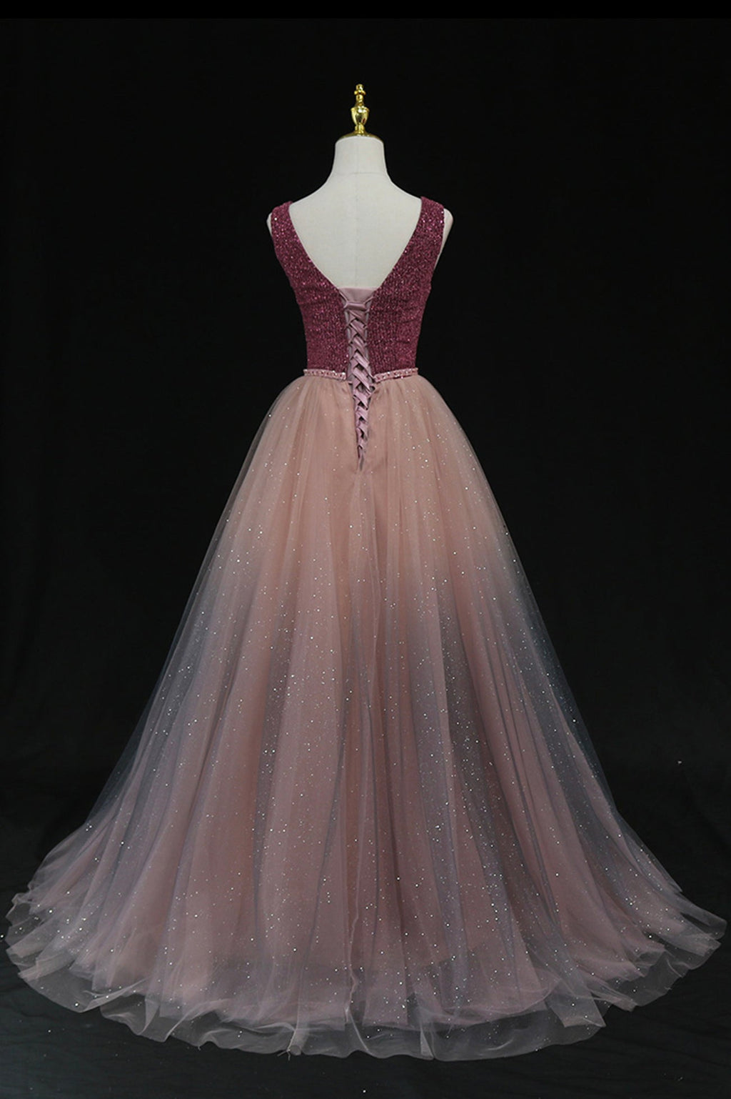 SHINY V NECK TULLE LONG PROM GOWN FORMAL DRESS    cg16422