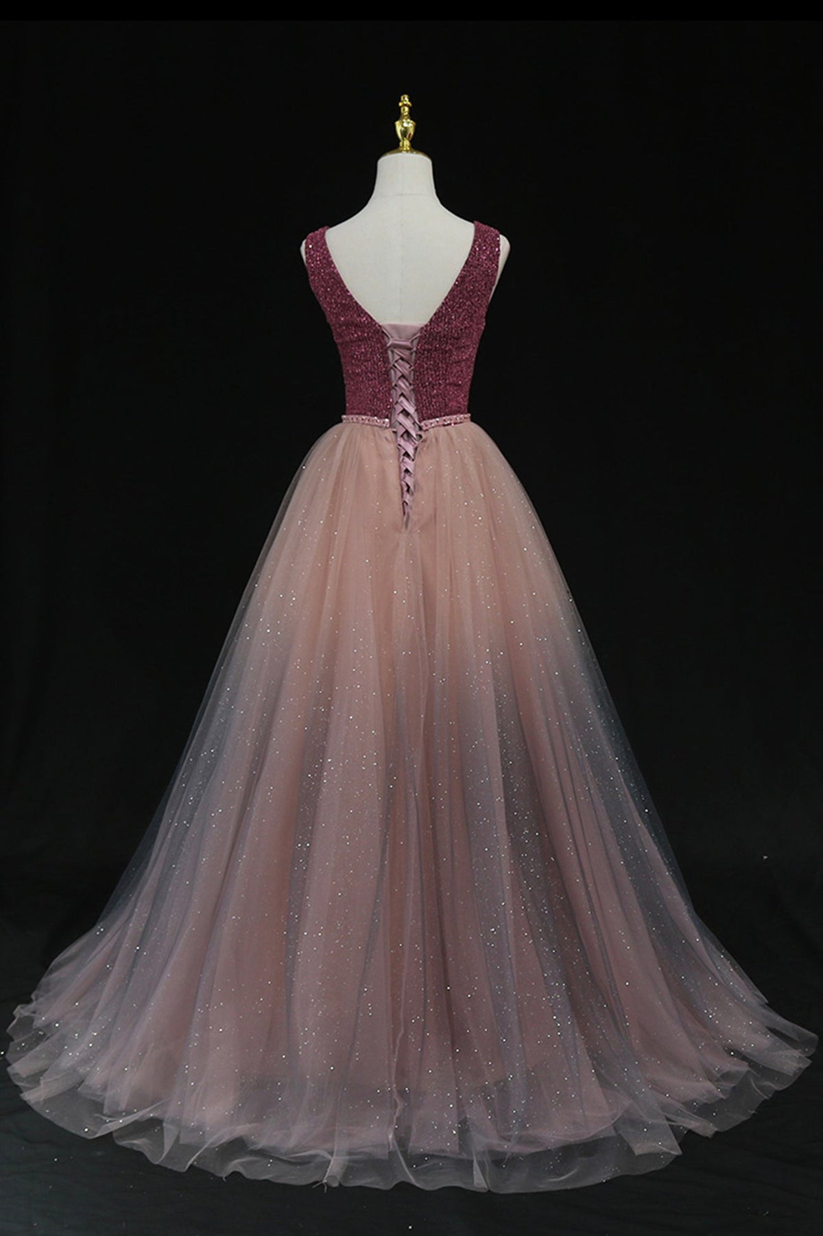 SHINY V NECK TULLE LONG PROM GOWN FORMAL DRESS    cg16422