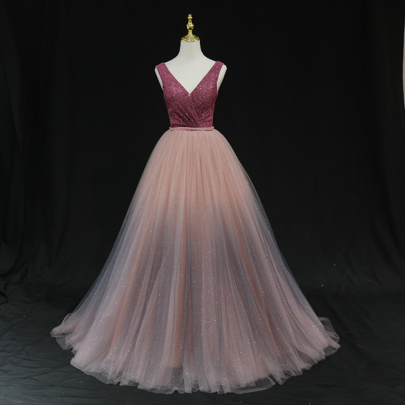 SHINY V NECK TULLE LONG PROM GOWN FORMAL DRESS    cg16422