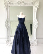 Navy Blue Sequined A-line Long prom Dress   cg16512