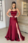 Burgundy Spaghetti Straps Long Prom Dresses,Sweetheart Evening Dress with Side Slit   cg16526