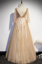 CHAMPAGNE V NECK LACE LONG PROM DRESS A LINE EVENING DRESS    cg16616