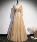 CHAMPAGNE V NECK LACE LONG PROM DRESS A LINE EVENING DRESS    cg16616