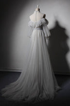 Gray Tulle Lace High Neck Long Senior Prom Dress, Gray Formal Dress With Sleeve   cg16696