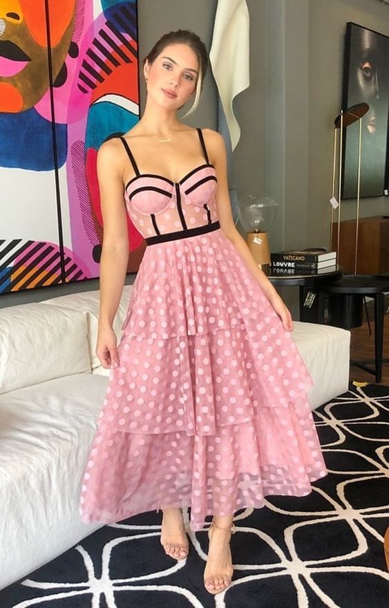 Chic A-Line Sweetheart Pink Point Tulle Tea Length Evening Dresses Prom Dress    cg16793