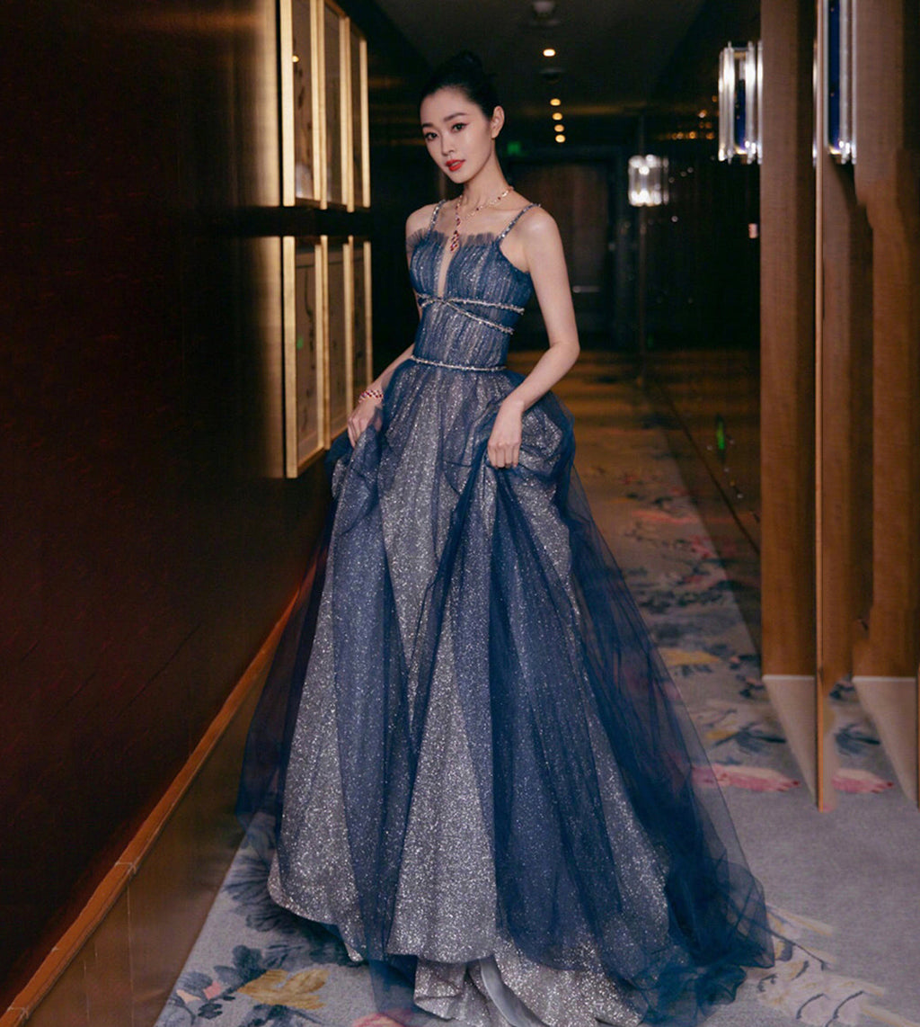 BLUE TULLE LONG PROM DRESS SHINY EVENING DRESS   cg16963