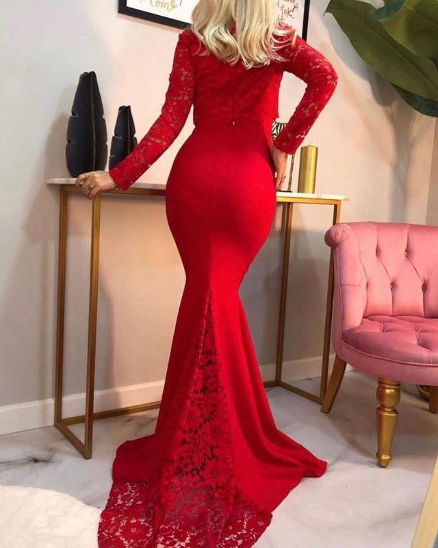 Elegant Mermaid Long Sleeves Red Prom Dress with Lace Online    cg17013