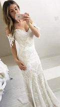 Mermaid Off-the-Shoulder Backless Sweep Train Ivory Lace Prom Dress    cg17147