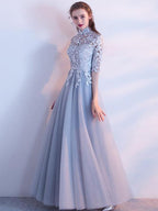 A-line High Neck Floor-length Half sleeve Tulle Prom Dress/Evening Dress    cg17268