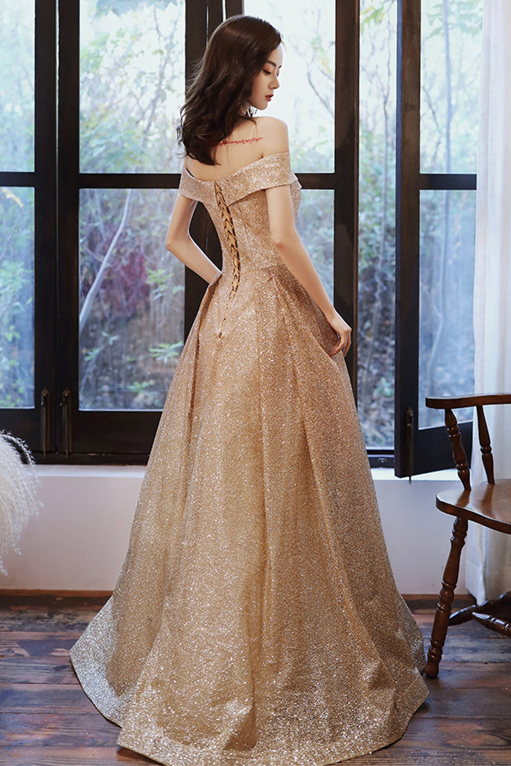 GOLD SEQUINS LONG A LINE PROM DRESS EVENING DRESS    cg17322