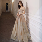 GOLD SEQUINS LONG A LINE PROM DRESS EVENING DRESS    cg17322