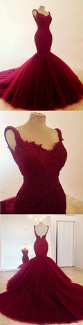 Lace Mermaid Tulle Prom Dress , Spaghetti Straps Prom Dress   cg17340