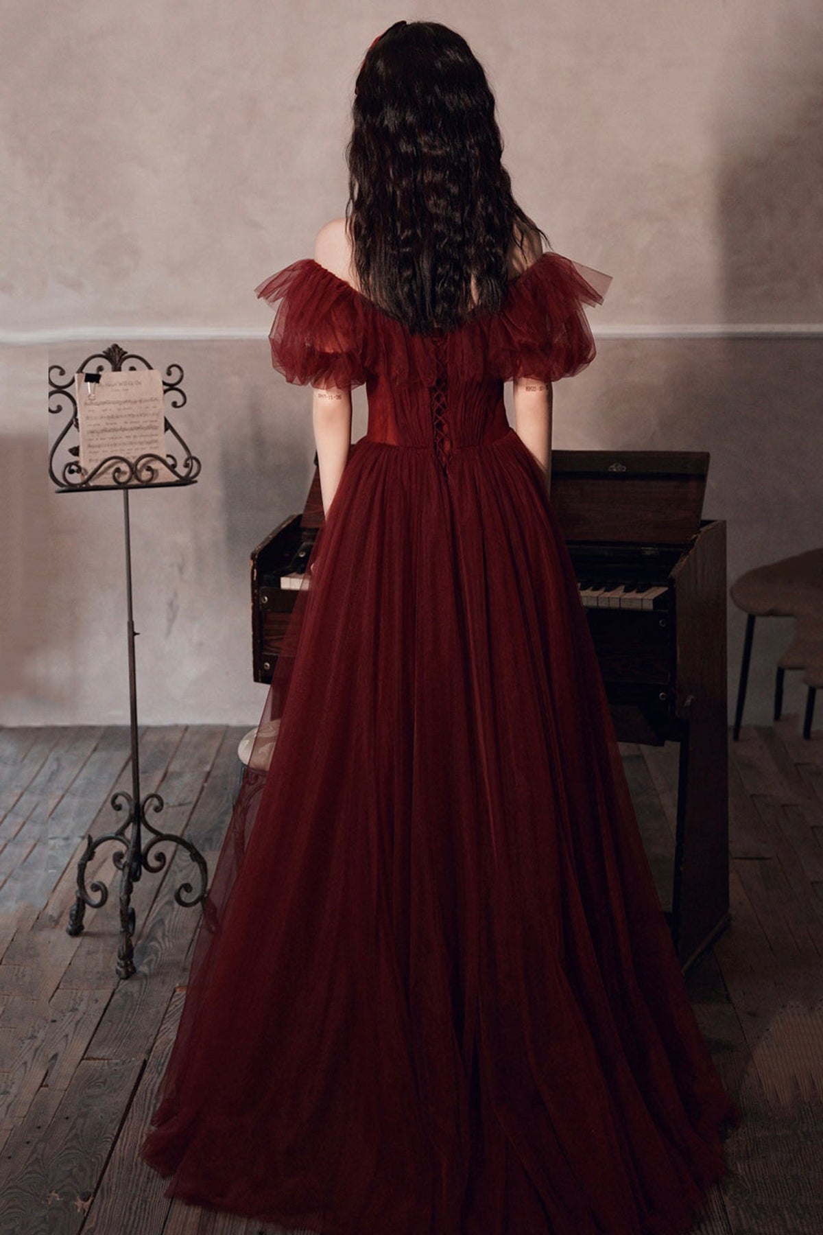 BURGUNDY TULLE LONG A LINE PROM DRESS EVENING DRESS    cg17389