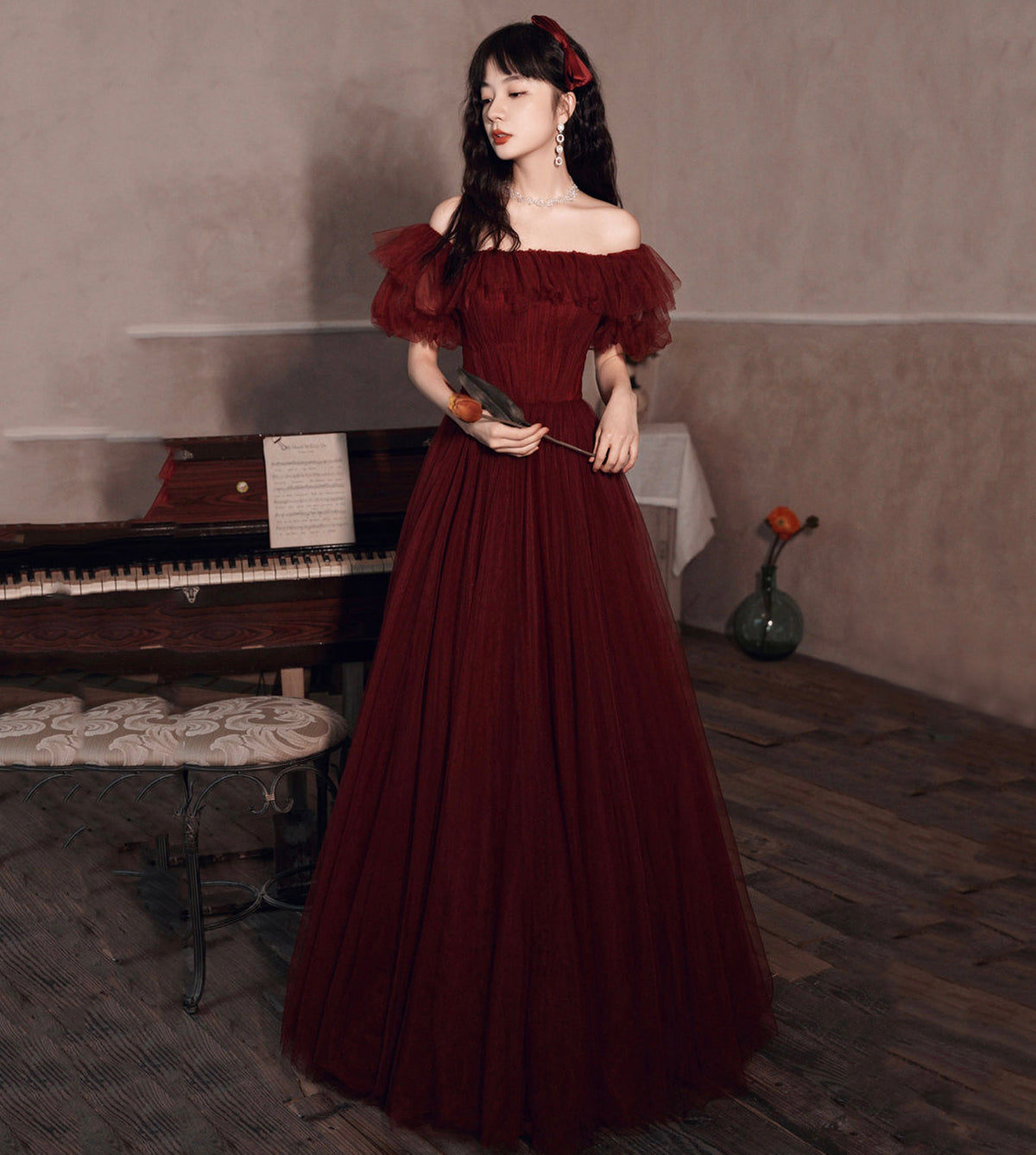 BURGUNDY TULLE LONG A LINE PROM DRESS EVENING DRESS    cg17389