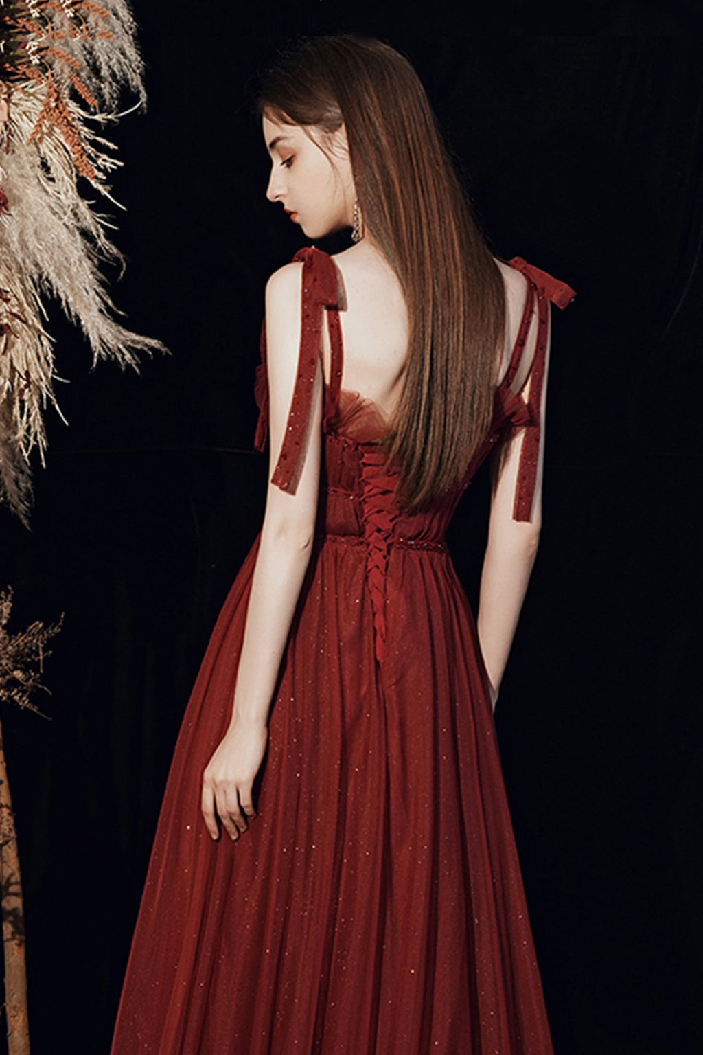 BURGUNDY TULLE LONG A LINE PROM DRESS EVENING DRESS    cg17390