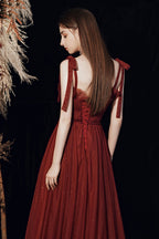 BURGUNDY TULLE LONG A LINE PROM DRESS EVENING DRESS    cg17390