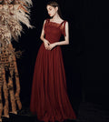 BURGUNDY TULLE LONG A LINE PROM DRESS EVENING DRESS    cg17390