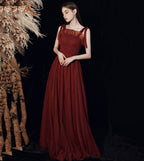 BURGUNDY TULLE LONG A LINE PROM DRESS EVENING DRESS    cg17390