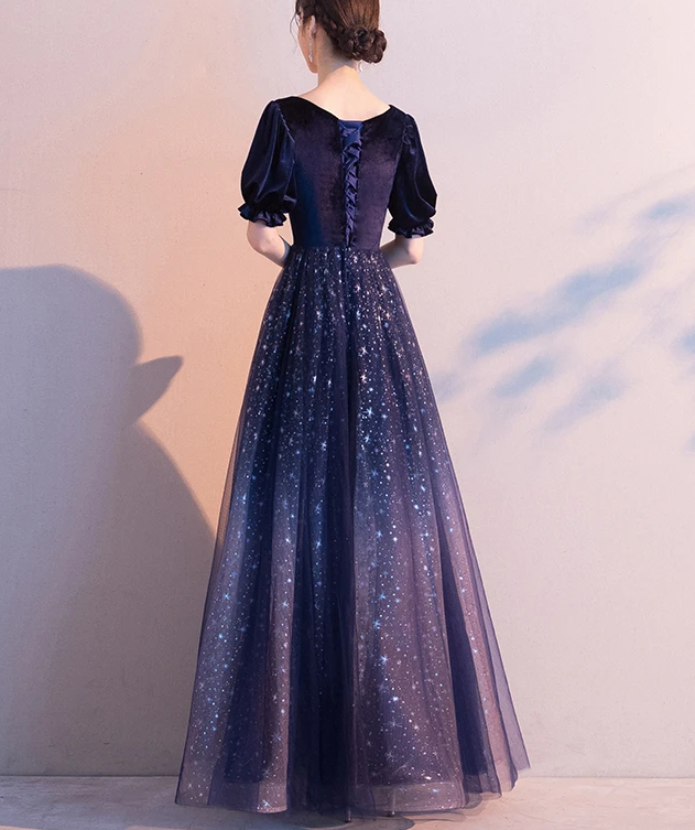 Sparkle Tulle With Velvet Short Sleeves Long Formal Dress prom dress  cg17588