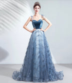 BLUE TULLE SEQUINS LONG PROM DRESS A LINE EVENING DRESS   cg17773