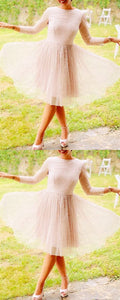 Ivory homecoming dresses glitter tulle cocktail party dress with sleeves   cg18108