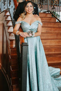 Princess off the shoulder mint green long prom dress 2021   cg18180