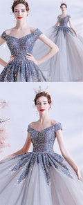 off the shoulder grey sequins long ball gown prom dress 2021   cg18293