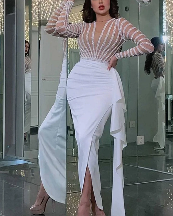 Prom Party Dress Sequined Long Sleeve Split Bodycon Evening Dress    cg18427