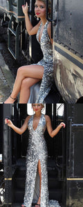 Halter Silver Sequin Mermaid Style Prom Dress With Side Slit   cg18465