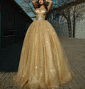 gold V neck spaghetti straps luxury prom ball gown   cg18737