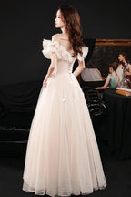 CHAMPAGNE TULLE LONG PROM DRESS EVENING DRESS   cg18801