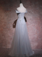 Grey Tulle Long Off Shoulder Party prom Dress 2021, Tulle With Lace Floor Length Party Dress   cg19086