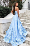 Sweetheart Sky Blue Long Satin Cheap Prom Dresses with 3D Floral Applique   cg19178