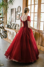 BURGUNDY TULLE BEADS LONG PROM DRESS A LINE EVENING DRESS    cg19212