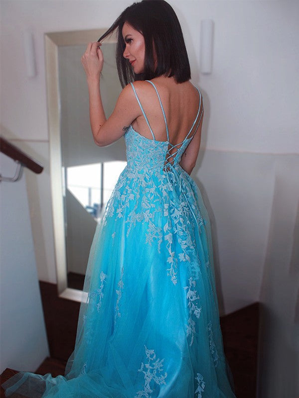 Princess Spaghetti Straps Tulle Sleeveless Applique Sweep/Brush Train prom Dresses    cg19527