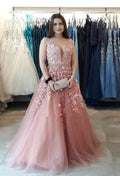 Blush Pink A-line Lace Appliques Long Formal prom Dress    cg19568