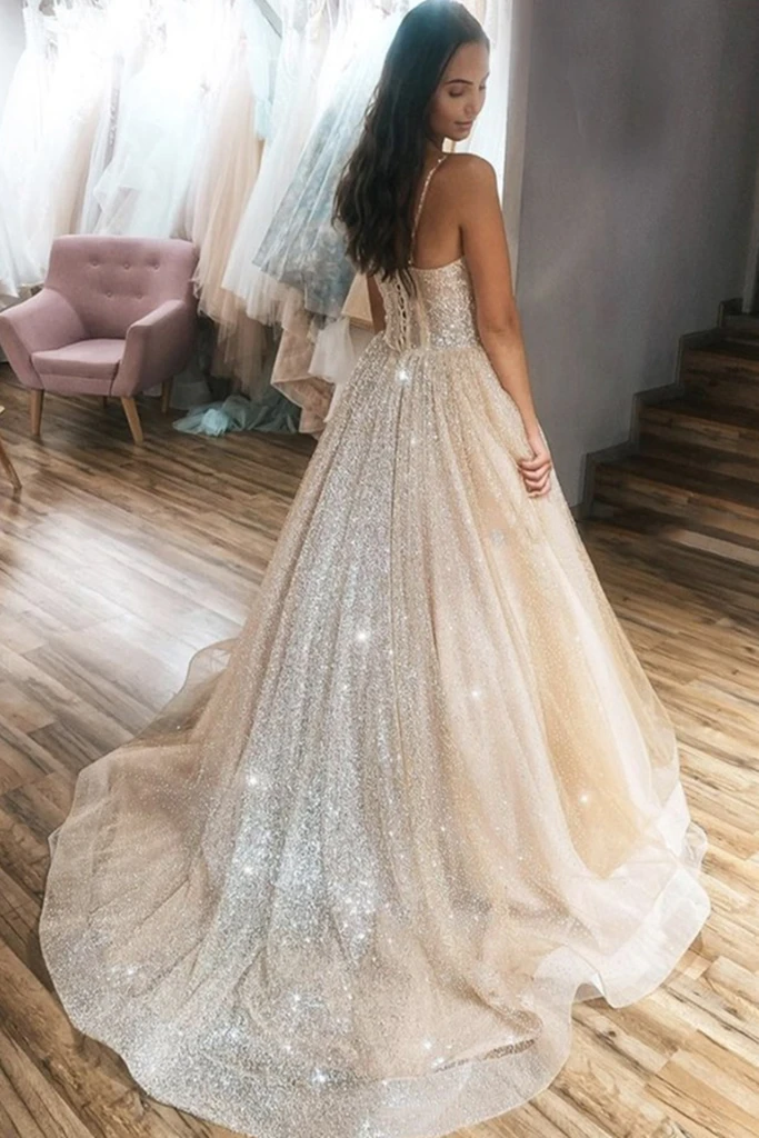 Shiny Thin Straps Champagne Long Prom Gown, Long Champagne Formal Prom Dress, Sparkly Champagne Evening Dress   cg19629